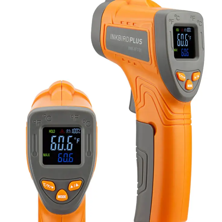 Inkbird 9V Digital Infrared LCD Thermometer Gun - Kitchenware Digital Thermometer, 12:1 Distance to Spot Ratio, 0.5s Quick Read, ±2% Accurate, 200g Portable Plastic Utensil, LED Display, Battery Included, Waterproof, Non-Magnetic, for Food Cooking