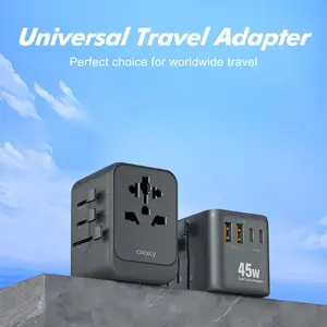 45W GaN Universal Travel Adapter, 5 Ports Outdoor Camping Portable Power Charger with 2 USB-C PD3.0 + 2 USB-A QC3.0 + AC Wall Socket, International Worldwide Travel Plug for US EU UK AU Outdoor Hiking Trip
