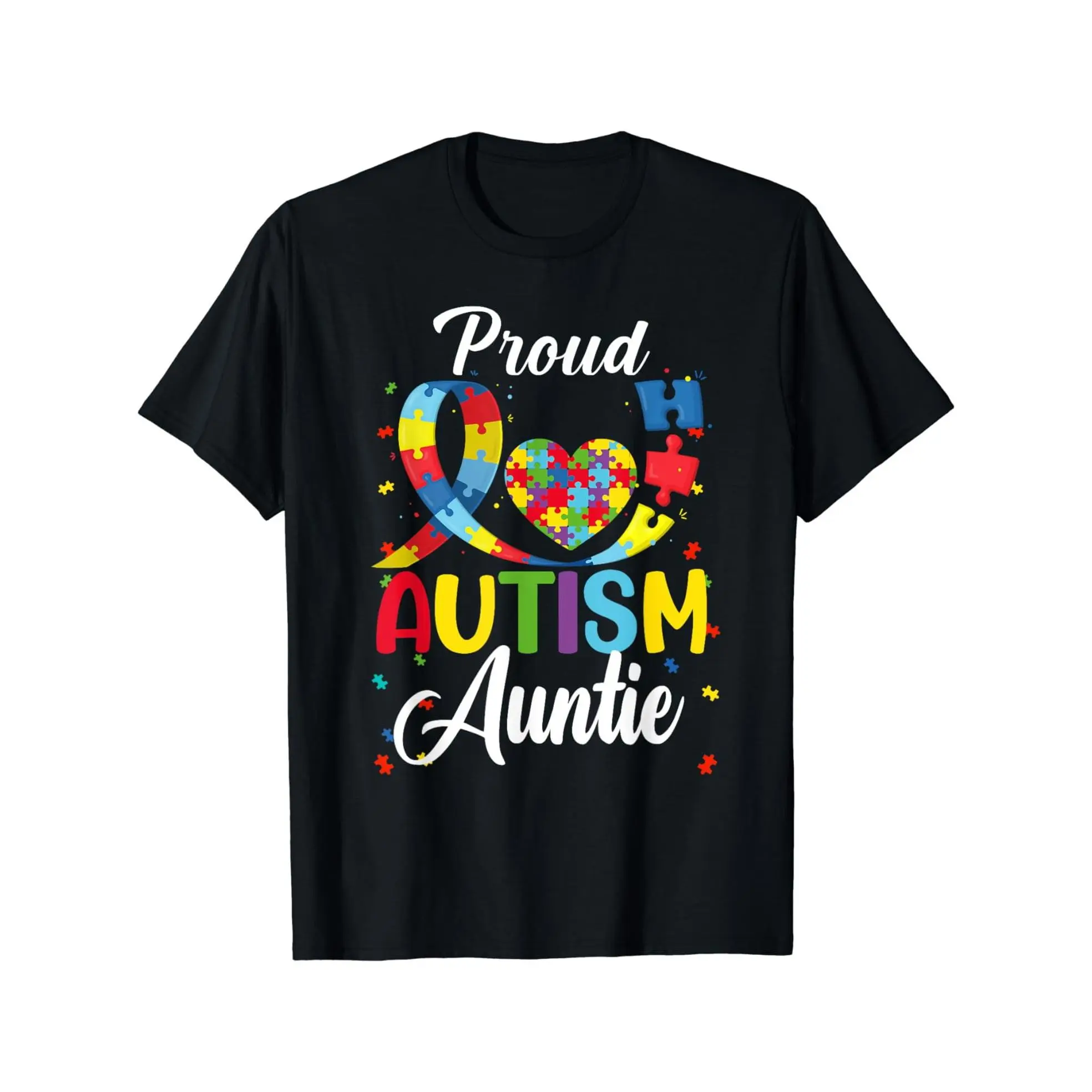Women's Autism Auntie Printed T-Shirt - 100% Cotton, Short-Sleeve, Round Neck, Basic Fit, Everyday Casual Top with Puzzle Piece Print, Made in USA