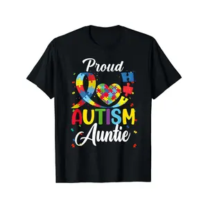 Women's Short-Sleeve Basic Printed T-Shirt - 100% Cotton Round Neck Top, Autism Auntie Proud Print, Colorful Puzzle Piece Design, Everyday Casual Comfortable Fit, Gentle Fabric, Machine Washable, Made in USA