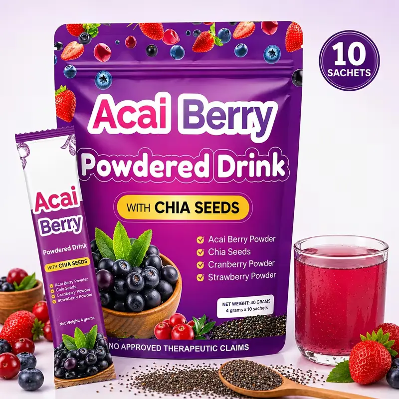Acai Berry Drink Powder - 10 Single Serve Sachets with Chia Seeds, Mixed Berry Instant Blend (Acai, Cranberry, Strawberry Powder) for Travel, Office, Adults, Easy-to-Mix Daily Fruity Beverage