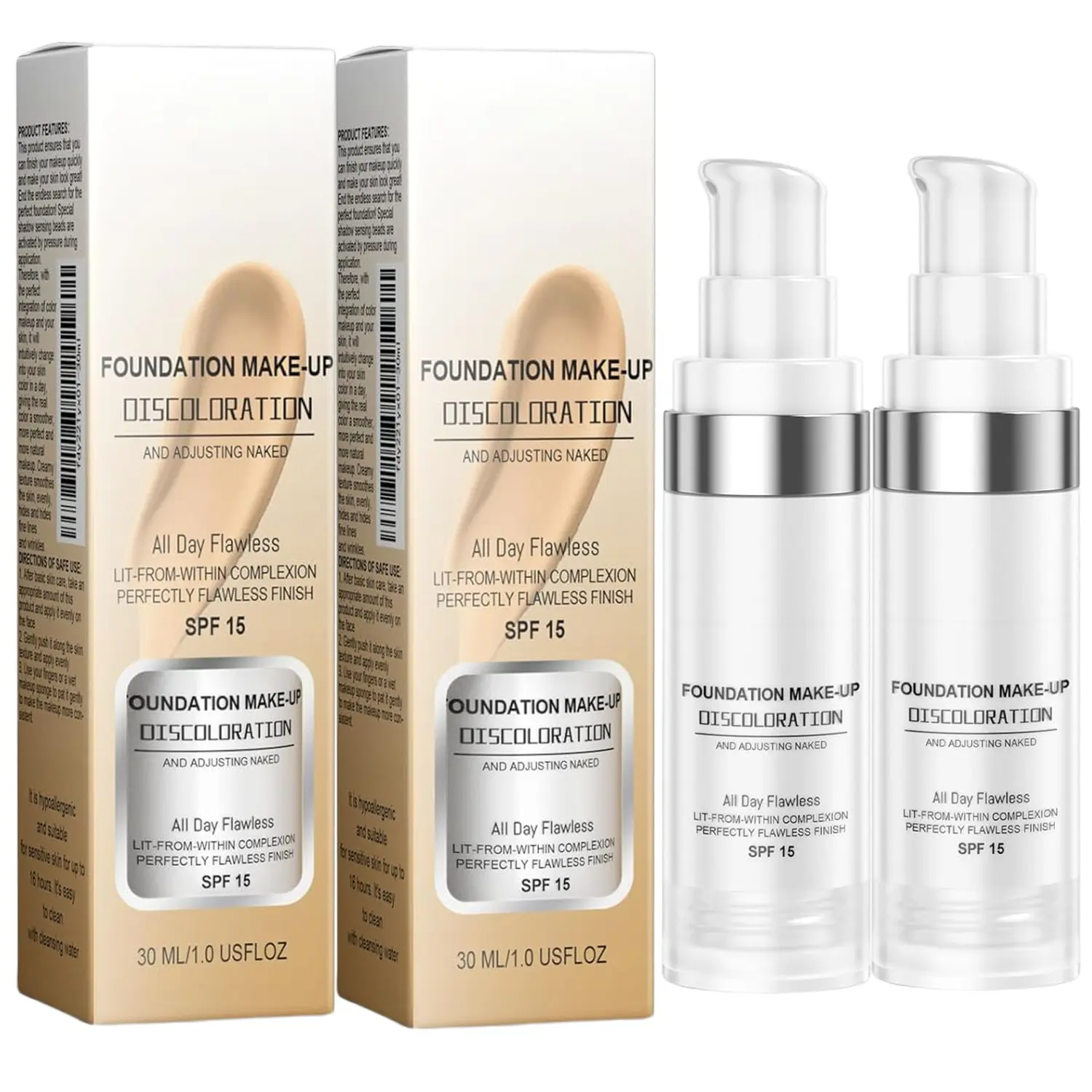 2 Pack Colour Changing Foundation, Flawless Color Changing Foundation Makeup Base Moisturizing Liquid Foundation for Women, Concealer Cover, Girls SPF15, Sunscreen, Non-Greasy,Long Lasting