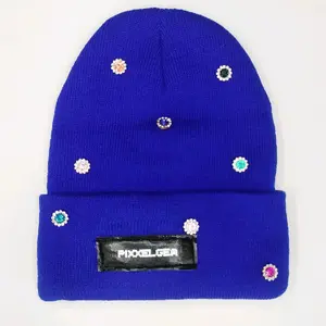 Pixxelgem Rhinestone Knit Beanie Blue with Colorful Rhinestones and Pixxelgem Logo