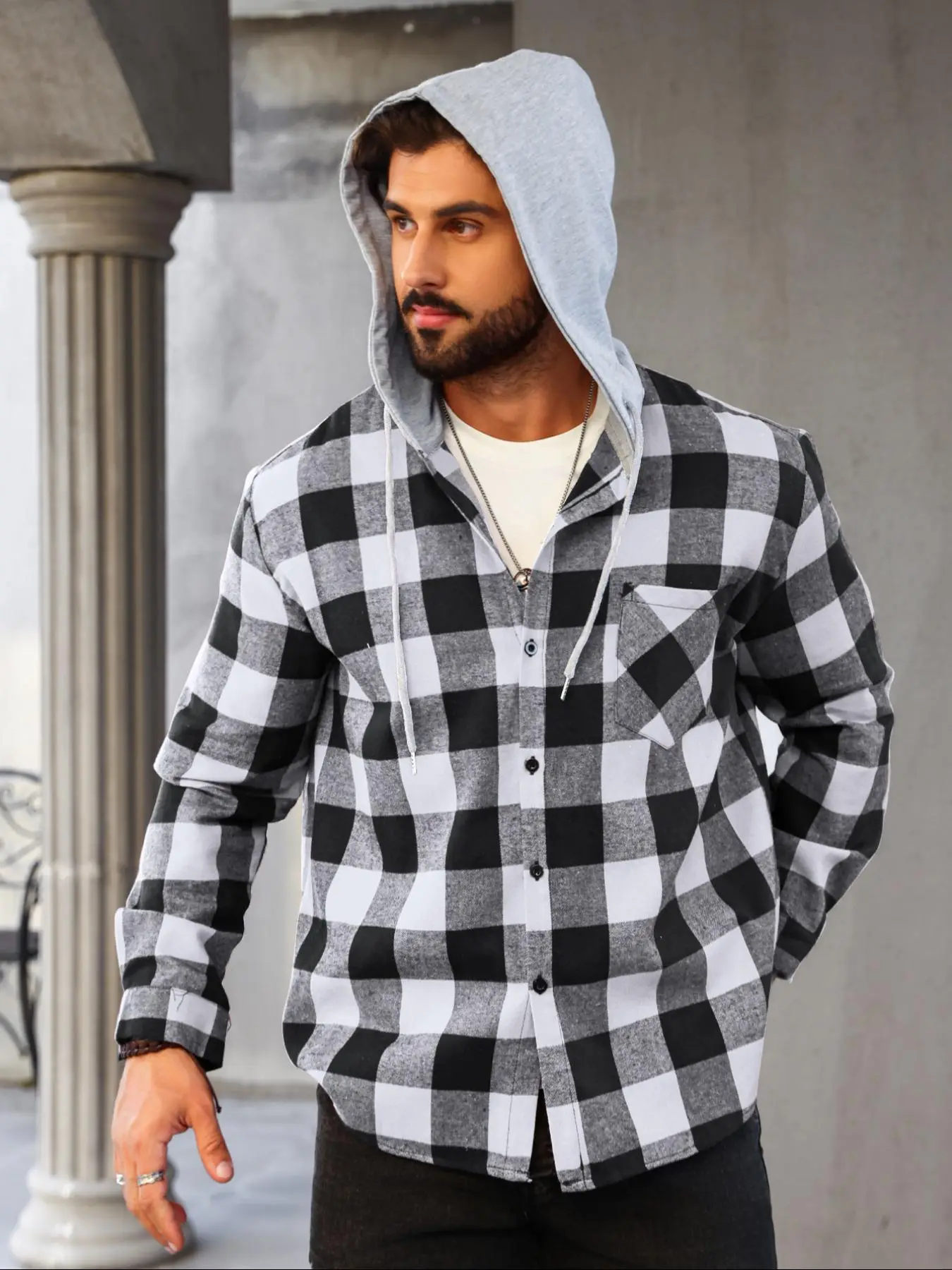 Men's Plaid Print Button Front Hooded Jacket, Casual Regular Fit Long Sleeve Drawstring Pocket Outerwear for Daily Wear, Men's Clothes for All Seasons