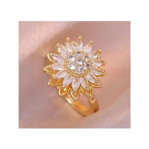 Trendy Fidget Sunflower Rings for Women Gold Anxiety Relief Rings with Cubic Zirconia Adjustable Open Design Perfect Gift Jewelry