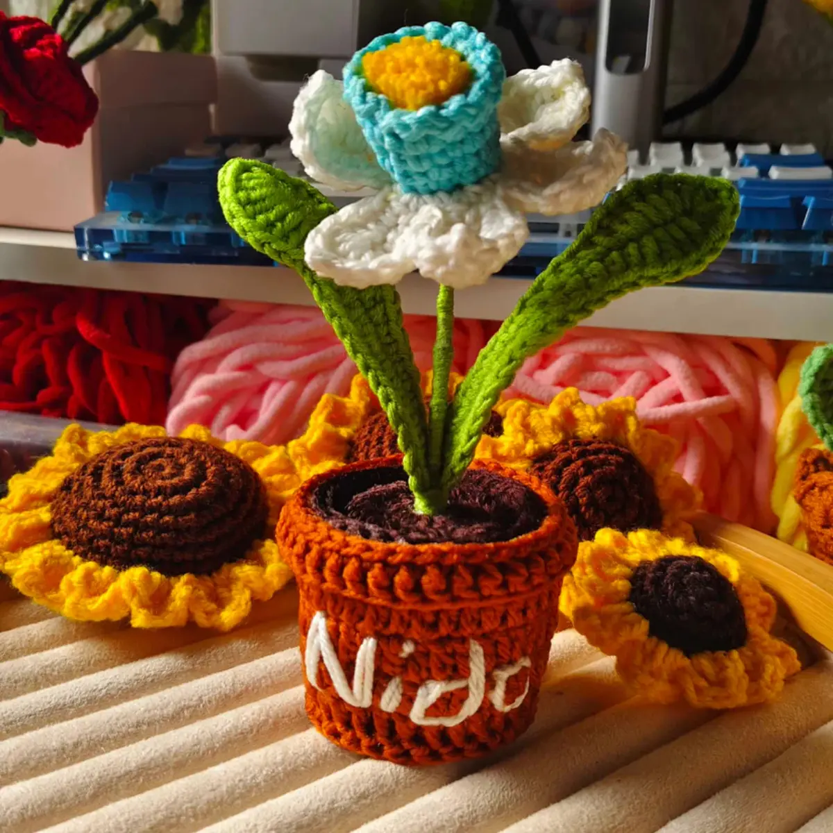 Handmade Crochet Daffodil Flower Pot with Personalized Embroidery 7 Inches Premium Yarn Eco-Friendly Box for Desk Home Decor