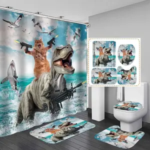 4PCS Funny Cat Dinosaur Shower Curtain Sets with Rugs, Waterproof Fabric Shower Curtain, Cool Kitty Kitten Riding Dino Teal Ocean Sea Shark Seagull Nautical Teen Boys Kids Men Bathroom Decor