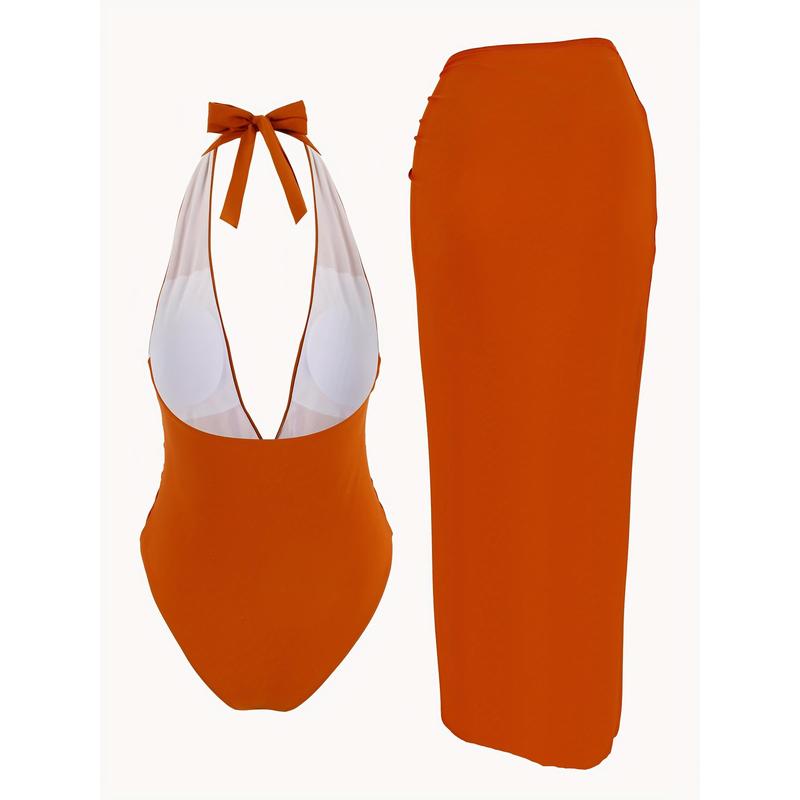 EDOLYNSA Solid Color Starfish Decorated Backless Lace-Up Orange Red One-Piece Swimsuit with High Slit Skirt Two-Piece Set Sexy Swimwear Holiday Pool Party Women's Elegant Bikini Set Fashion 2pcs Bikini Set with Beach Skirt K59