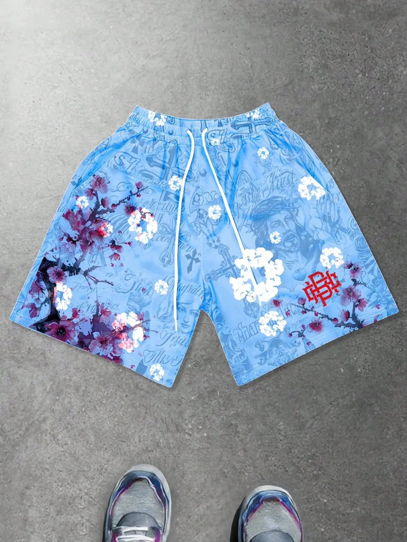 Cross Jesus shorts for men, Christian print cross summer beach pants for both men and women, European and American trend Drawstring Casual Shorts, floral geometric Graphic Print shorts 2026 bottom pants aesthetic light blue