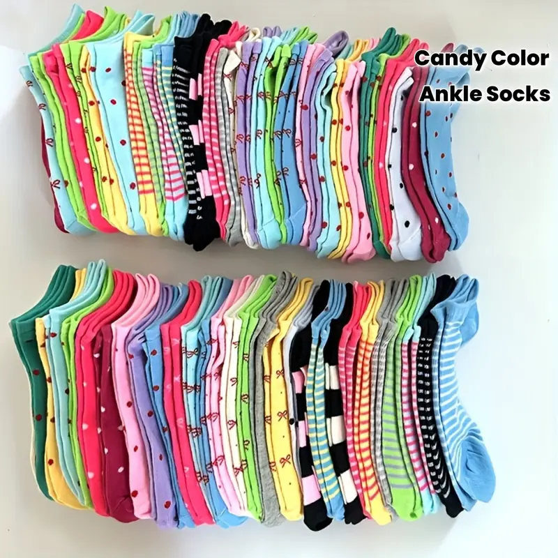 Women's Basic Ankle Socks - 10/20/40/100 Pairs Bundle, 20pairs Mix, Candy Color, Heart Bows, Striped, Dot, Soft Comfortable, Valentine's Gift, Youthful Casual Footwear,sohochic