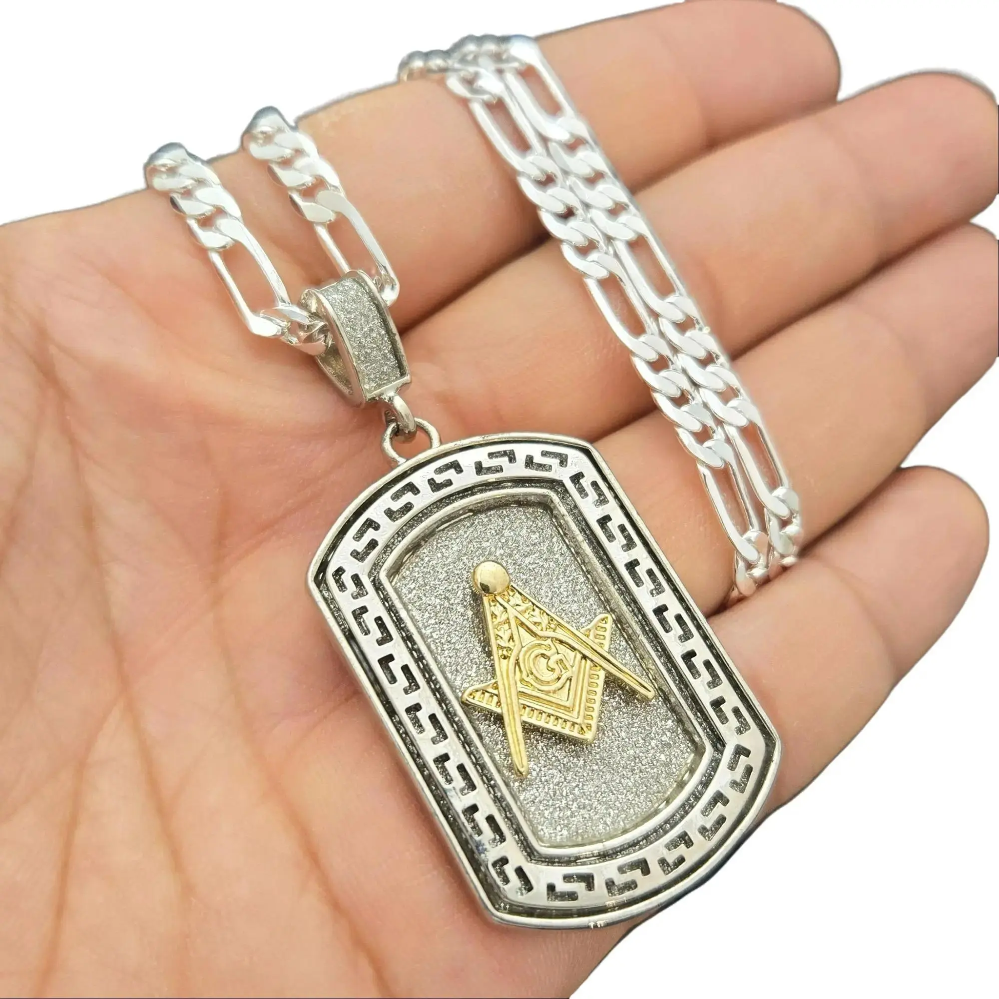 Men's Masonic Freemason Dog Tag Pendant & 925 Stamped Brass Silver Plated 5mm 20" 24" Figaro Chain Necklace