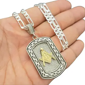 Men's Masonic Freemason Dog Tag Pendant & 925 Stamped Brass Silver Plated 5mm 20" 24" Figaro Chain Necklace