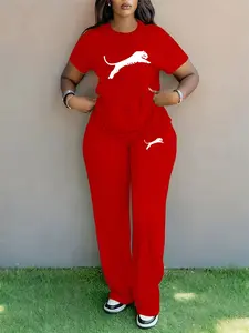 Women's Spring Summer Plus Size Fashion Print Round Neck Short Sleeve T-Shirt & Wide Leg Pants Two-Piece Set, Casual Pocket Design