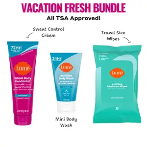 Lume's Vacation Fresh TSA Approved Travel Size Bundle: Sweat Control Cream, Body Wash, Deodorant Wipes for whole body and intimate
