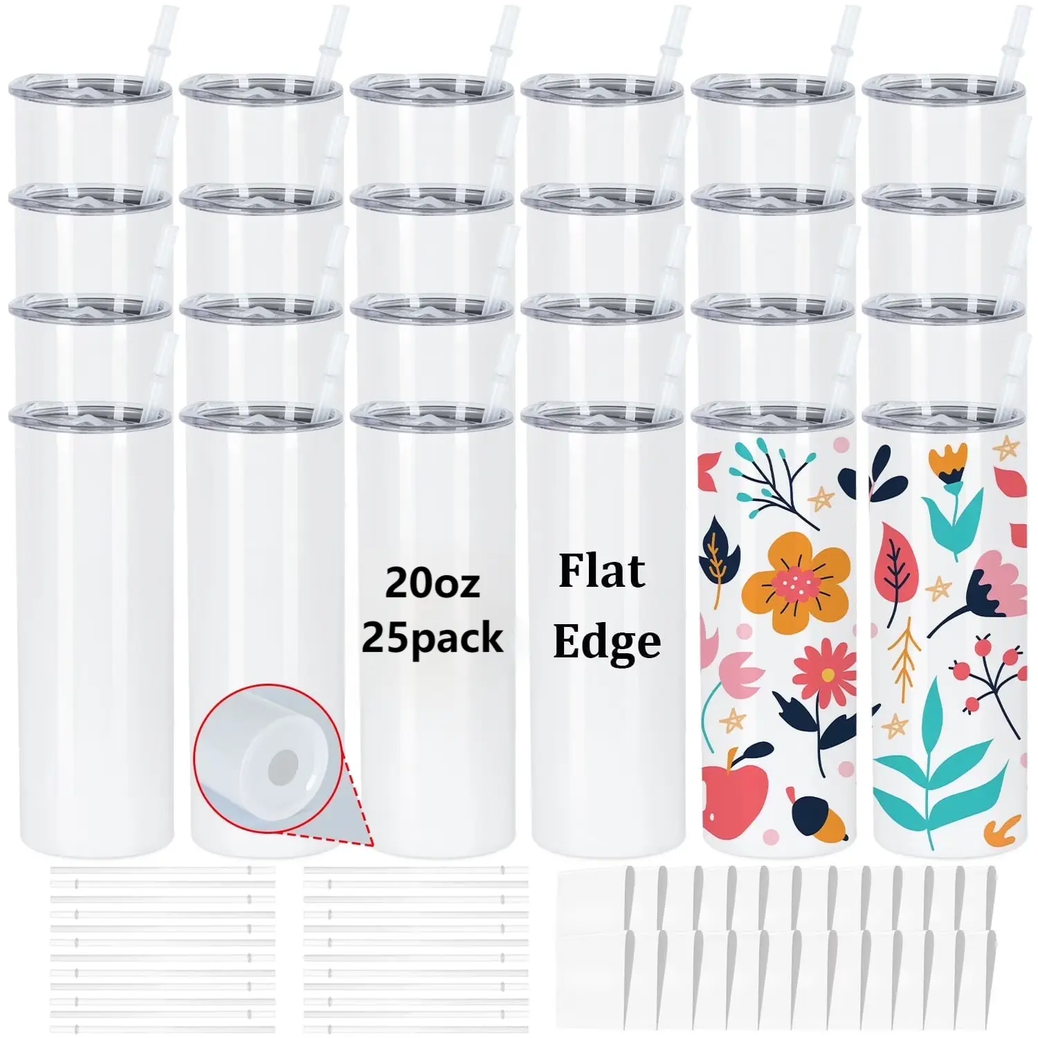 25pcs Bulk 20oz Sublimation Skinny Flat Edge Stainless Steel Insulated Water Bottles, Straight Body, Portable, Reusable, Washable, Plastic Lid & Straw, DIY Blanks for Small Business, 12H Cold Retention