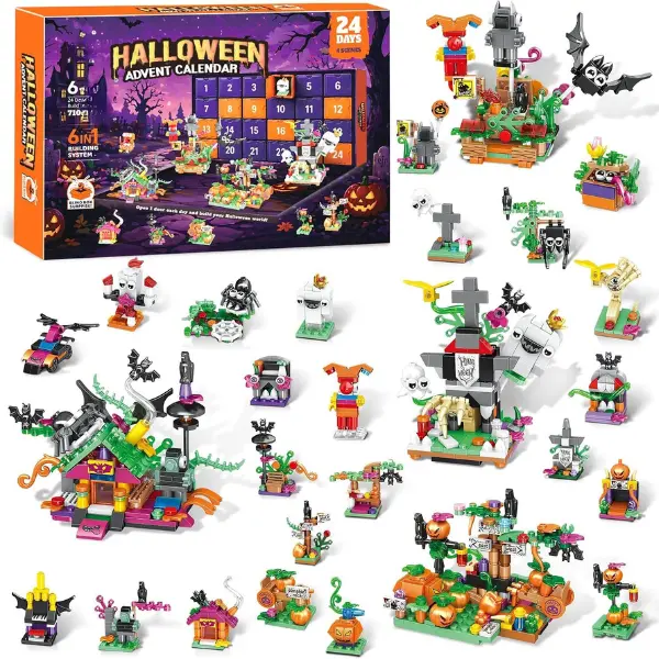 Halloween Fall Gift 24-Day Advent Calendar Building Block Set - Interlocking Plastic Blocks, 4 Spooky Holiday Countdown Toy with Daily Reveal, Building Block Sets