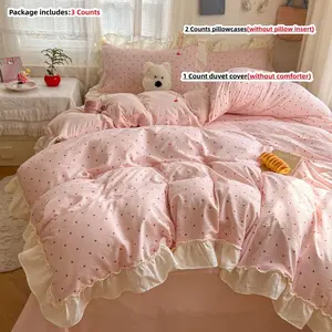 3pcs Polka Dot ruffles Bedding Set, 1 PC Duvet Cover + 2 Pcs Pillowcases without comforter and pillow insert, Single Twin Double Queen Size, All Seasons Use