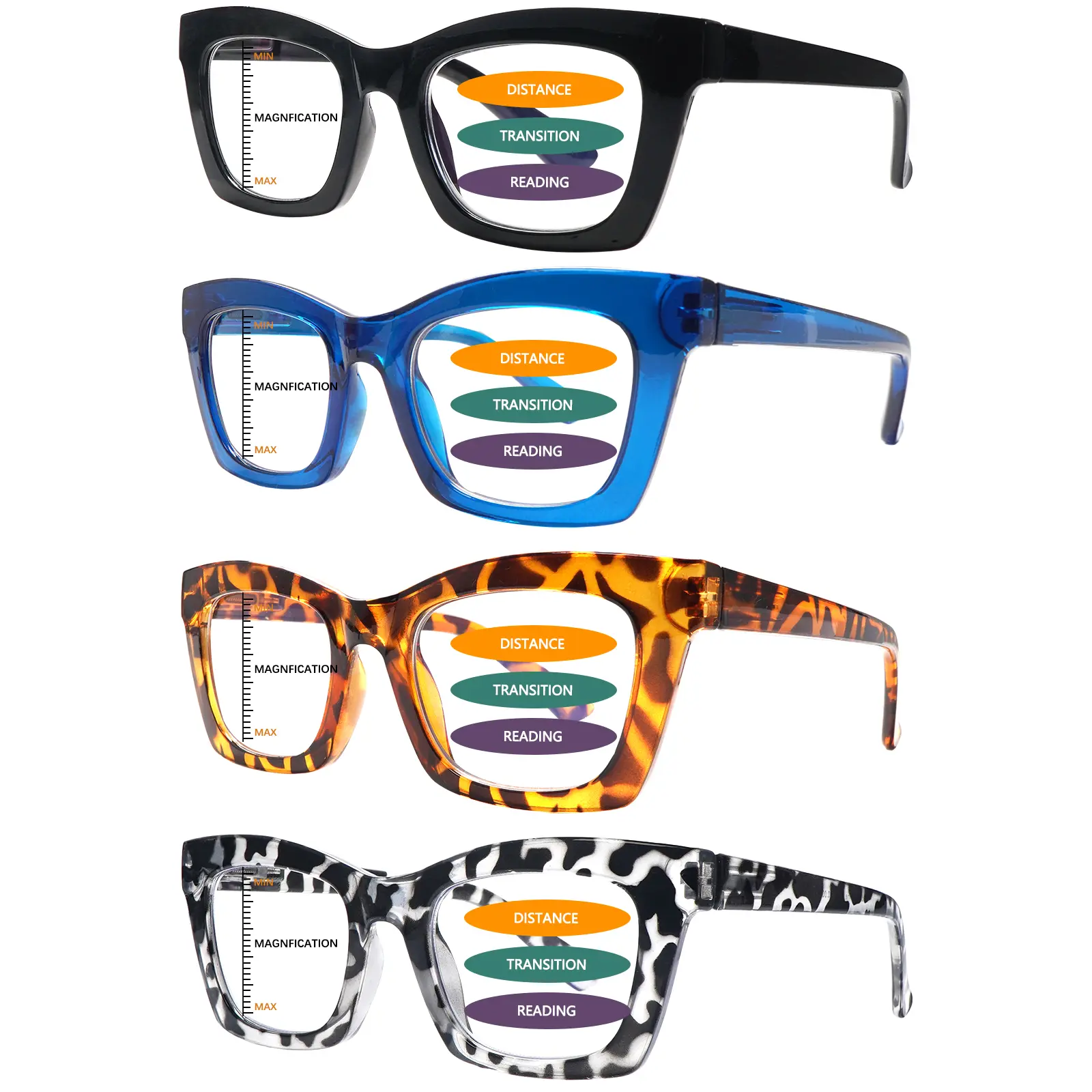 4pcs Classic Progressive Multifocal Blue Light Blocking Reading Glasses For Women Durable Lenses With Uniquely Designed Spring Hinges Large Frames Flatter Facial Contours Ideal For Daily Wear, Outings, And Work Use