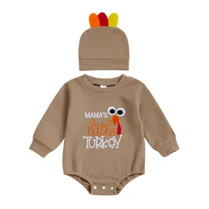 Newborn Baby Boy Girl Thanksgiving Outfit Mama's Little Turkey Sweatshirt Romper Bodysuit Jumposuit with Hat