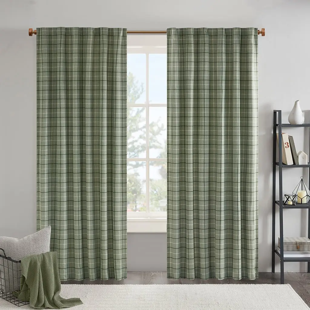 Green Anaheim Plaid Long Curtain Panel - 360-Degree Stand, Yarn Dyed Polyester Fabric, Cozy Cabin Style, 84x50x0.13in, Rod Pocket & Back Tab, Fleece Liner, Long Curtains