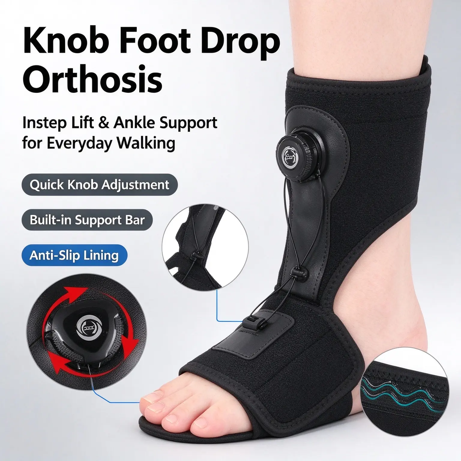 Foot Drop Brace, Dial Knob Adjustable AFO Ankle Orthosis, Slim Low Profile Brace Fits Inside Sneakers, Anti-Slip Instep Lift Support for Ankle Instability, Daily Walking & Gait Mobility Aid
