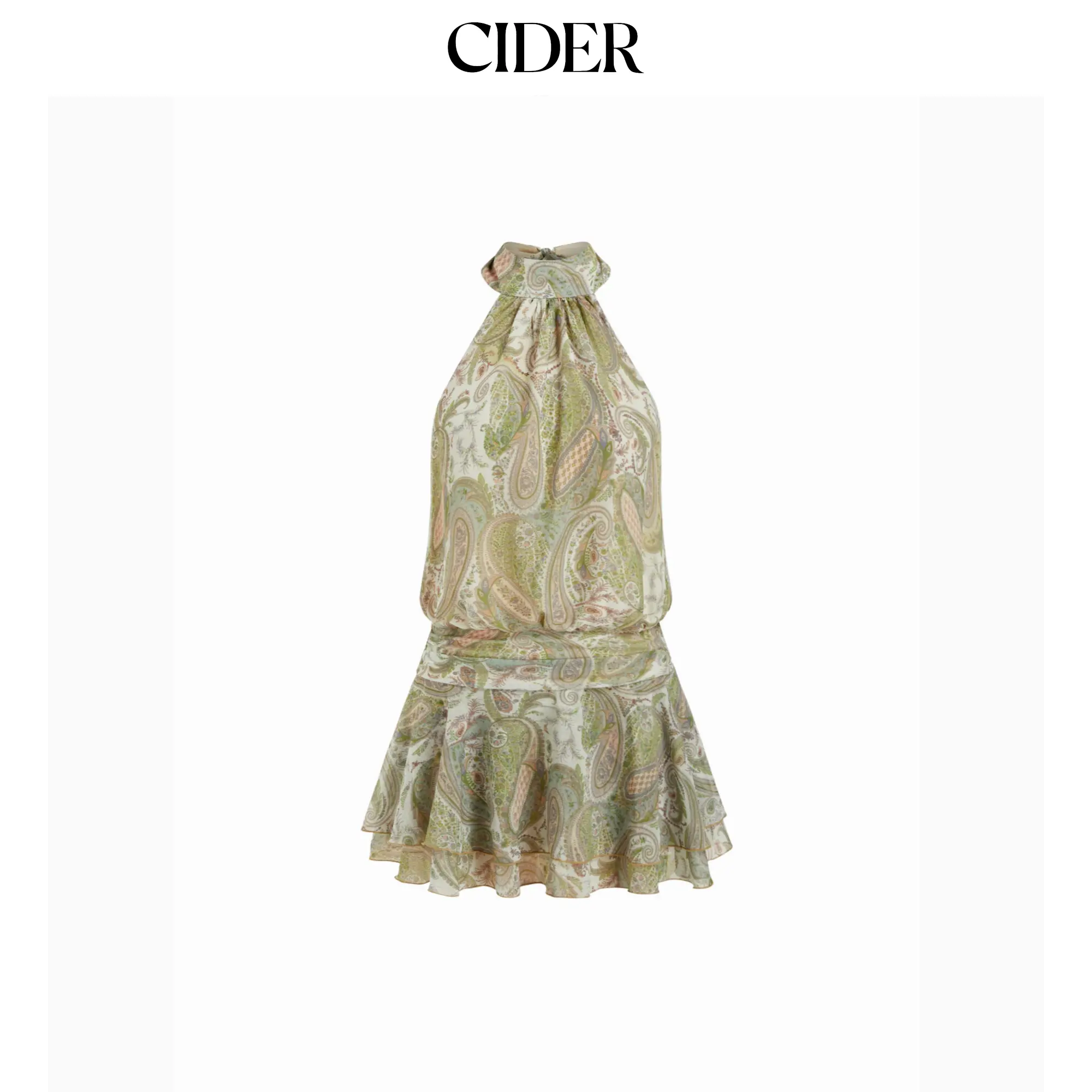 Cider Chiffon Paisley Halter Neckline Shirred Layered Mini Dress