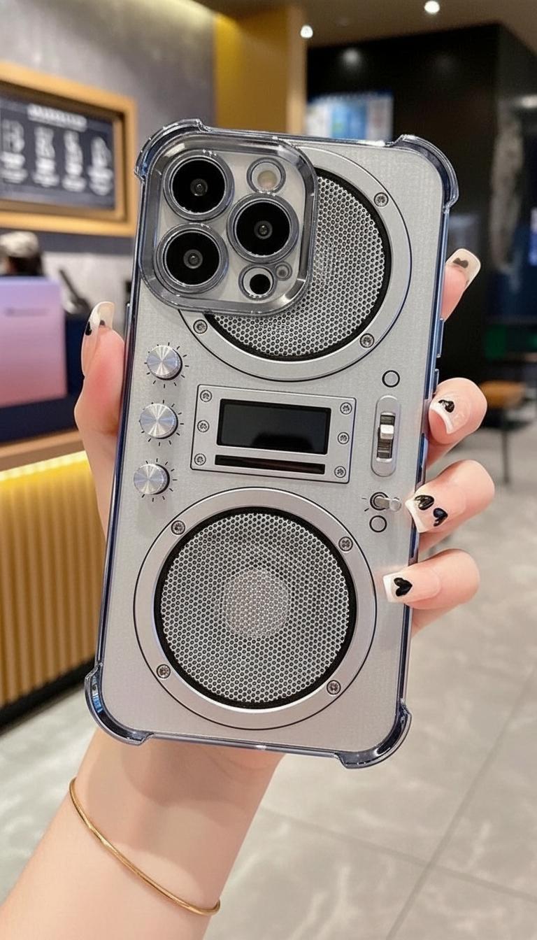 Silver gray trendy phone | Used mechanical style radio phone case suitable for iPhone 17/16/15/14/13/12/11 ProMax transparent airbag anti drop retro sound design protective case with high aesthetic value