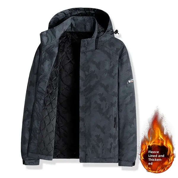 Men's Stylish Fleece-Lined Camouflage Hooded Winter Coat, Polyester Shell, Windproof Fitted Cut Menswear for Cold Weather, Casual Street Outerwear, Outdoor