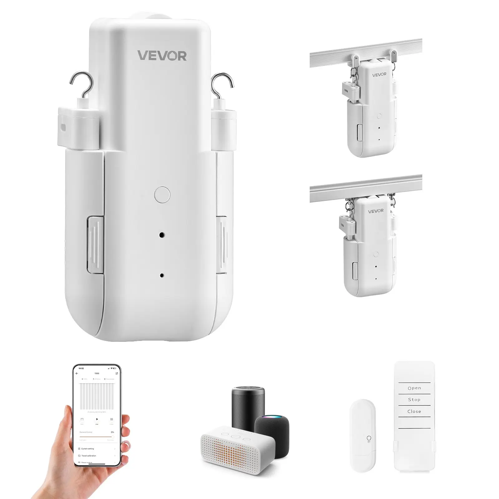 VEVOR ABS Electric Smart Curtain Opener, APP & Remote Control, Included Hub, Compatible with Alexa & Google Home, 2000 mAh Batteries, 1.2 lbs, 32.8 Ft/ 10 M Range, Timed Opening & Closing, for U/I-Shaped Rails, Automatic Curtain Opener