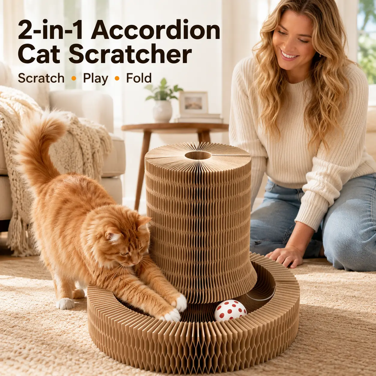 2-in-1 Accordion  Scratcher with Interactive Ball, Foldable Corrugated Cardboard  Scratching Board, Space-Saving Indoor  Toy for  Gothic Tree Coffin Bed