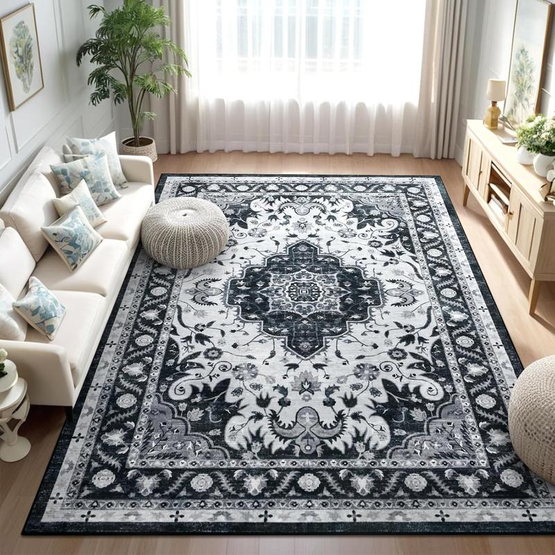 6x9 Area Rugs for Living Room, Washable Non Slip Vintage Rugs, Low Pile Ultra Soft Indoor Print Pattern Carpet for Bedroom, Entryway, Office, Dining Room, Home Decor, Black, Beige, Blue, 4x6,5x8,6x9 Feet