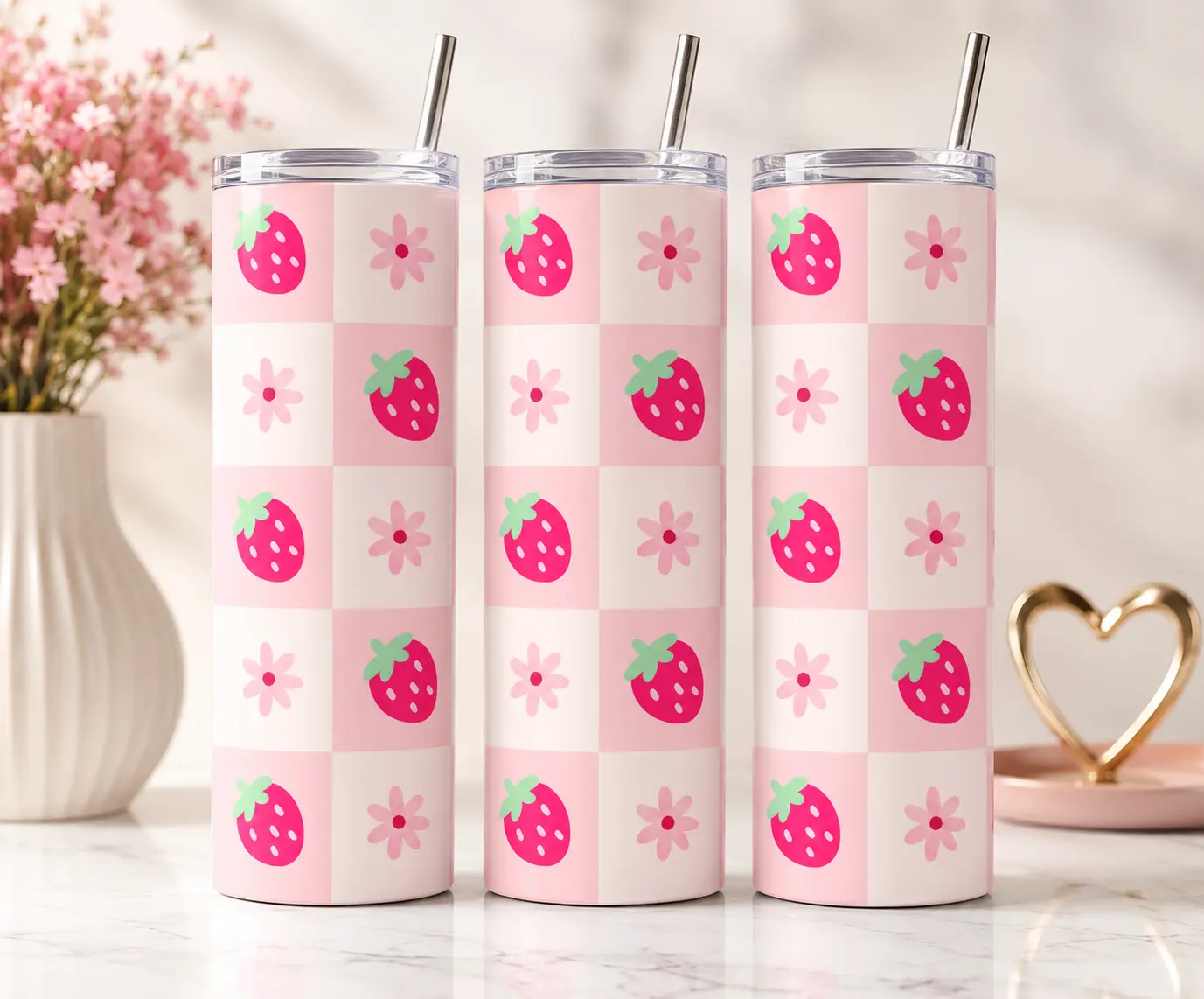 Strawberry Checker Tumbler 20 oz Skinny Cup  Cute Pink Floral Tumbler Portable