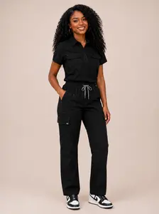 10- pocket Black Scrub Set- Water Resistant + Breathable Scrub Set Stretchy Womenswear