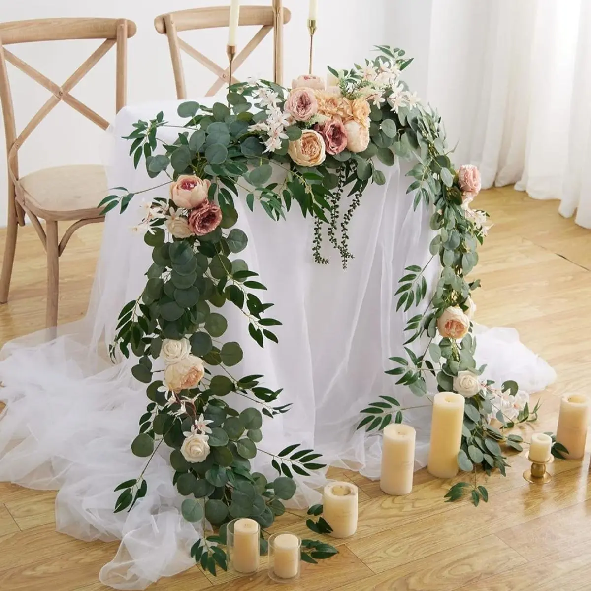 5.9ft Fake Eucalyptus & Rose Table Garland Half Arch Artificial Floral Decor for Wedding Sweetheart Table Reception Centerpiece