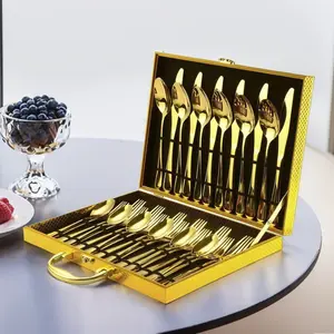 30 Pack Deluxe Golden Stainless Steel Silverware With Gift Box Set, Mirror Polishing, 6 People Golden Knives, Forks And Spoons Flatware Set, Exquisite Wooden Box Packaging, Ideal For Business Gifts, Weddings, Celebrations, Banquets Cutlery Tableware