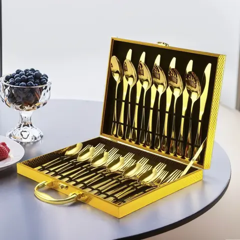 6-Person 30-Piece Golden Stainless Steel Flatware Set - Sturdy Stylish Kitchen Tableware, Modern Utensils Set with Mirror Polishing, Smooth Curves, Exquisite Wooden Gift Box, Ideal for Weddings, Daily Use