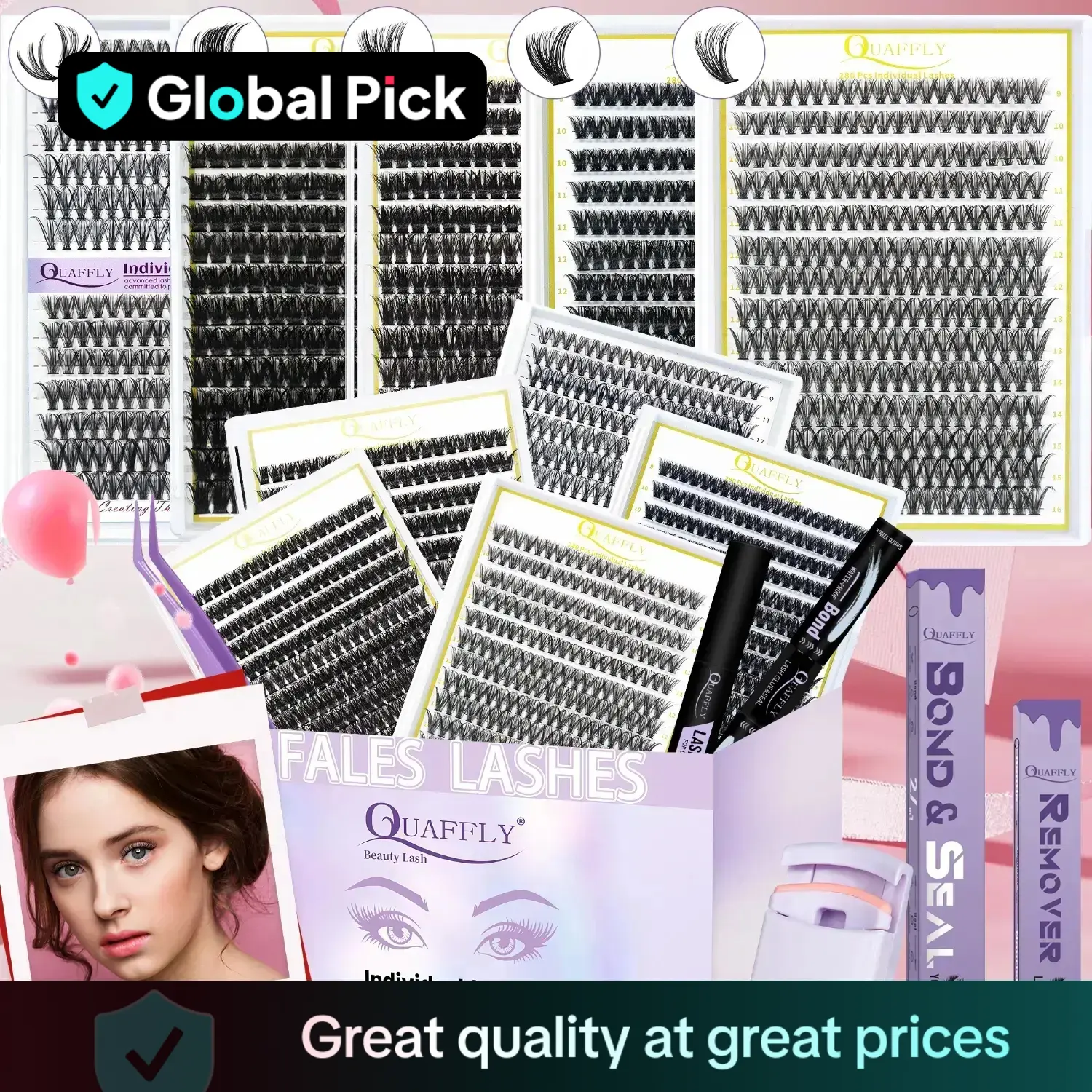 Mixed Length False Eyelashes, 1 Box Natural Look DIY Eyelash Set with Bond and Seal & Remover & Tweezers & Eyelash Curler, Volume Individual Lashes, F