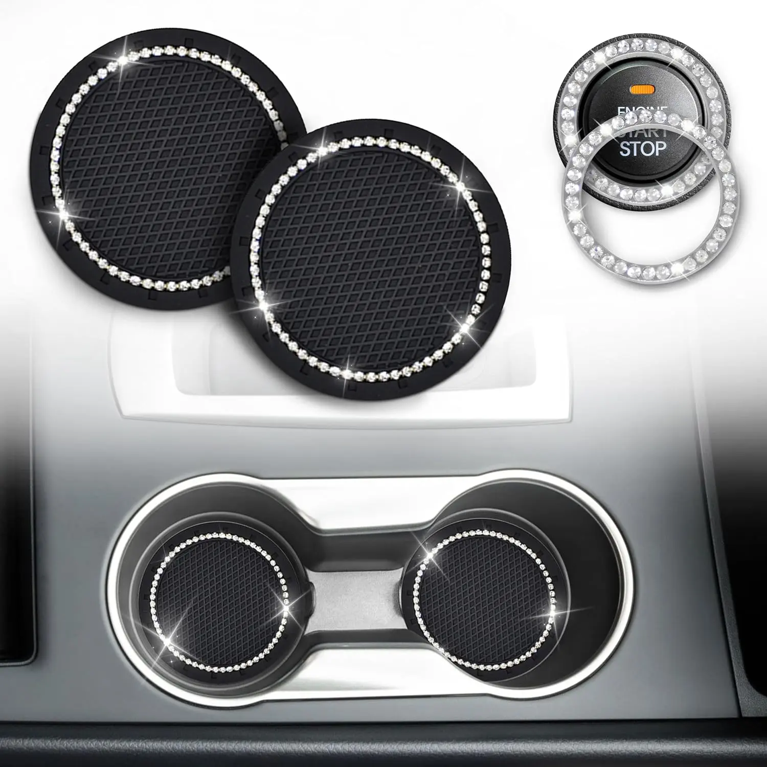 EcoNour Car Cup Holder Insert (2 Pack) with Push Start Button Ring (1 Pack) - 2.75 in Coaster Pad, 1.5 in Crystal Rhinestone Ring, Silicone Anti-Slip Mat, Easy Installation, Stylish Interior Look (Black)