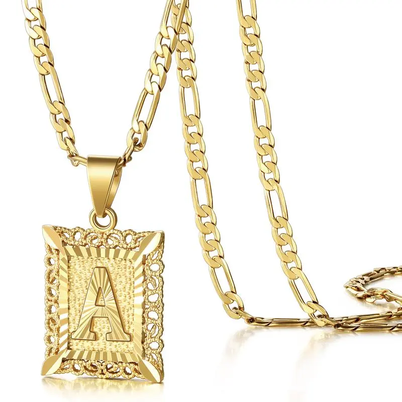 Initial Letter Pendant Necklace for Men Womens, 14K Gold Plated Square Capital Monogram Necklace Alhpabets from A-Z Figaro Chain Necklace