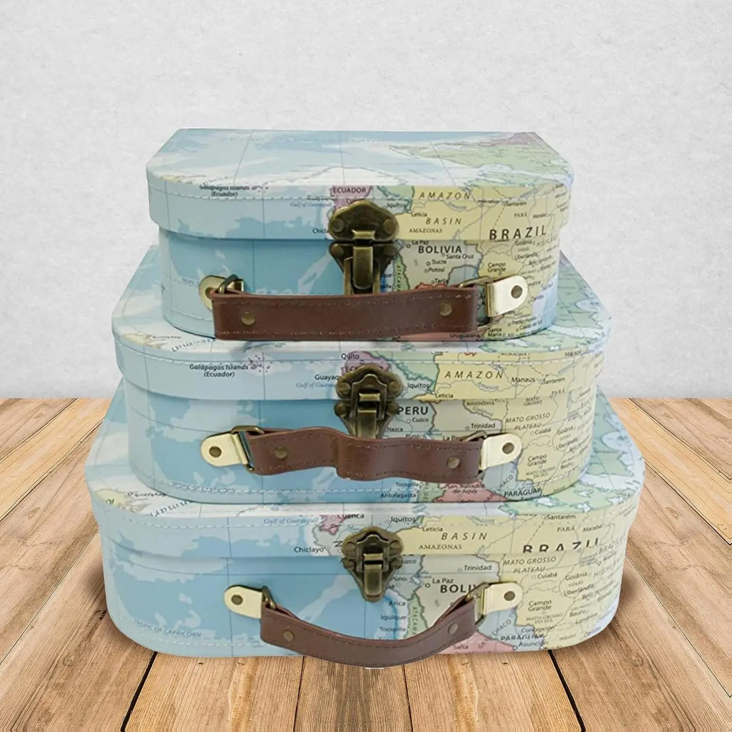 wald imports - Set of 3 Paperboard Suitcases -Decorative Storage Boxes - Suitcase Set for Decoration, Storage, and More (Blue Map)