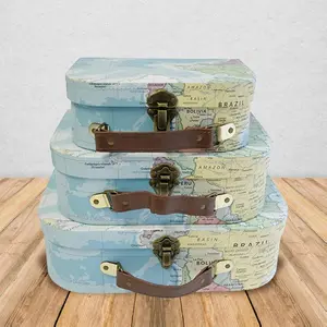 wald imports - Set of 3 Paperboard Suitcases -Decorative Storage Boxes - Suitcase Set for Decoration, Storage, and More (Blue Map)