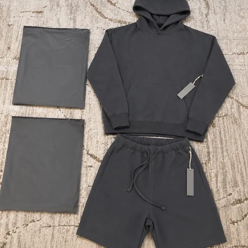 Unisex 2-Piece Plain SS25 Hoodie & Shorts Set, Black/Light Gray, Summer Vibe Casual Loungewear