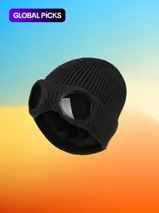 Unisex Solid Color Goggle Lens Design Beanie Hat, Casual Soft Comfortable Beanie for Fall & Winter, Fashion Accessories for Both Men & Women, Knitted Winter Hat