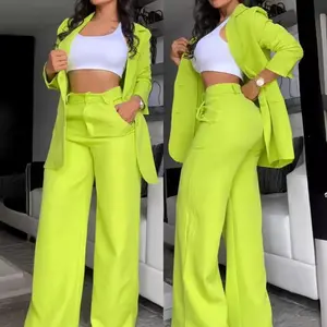 Women's 2-Piece Plain Neon Green Formal Casual Suit - Longsleeve Blazer Jacket with Split Sleeves & Pockets + Fitted Straight Pants, Chic All-Seasons Womenswear Blazer Jackets Set
