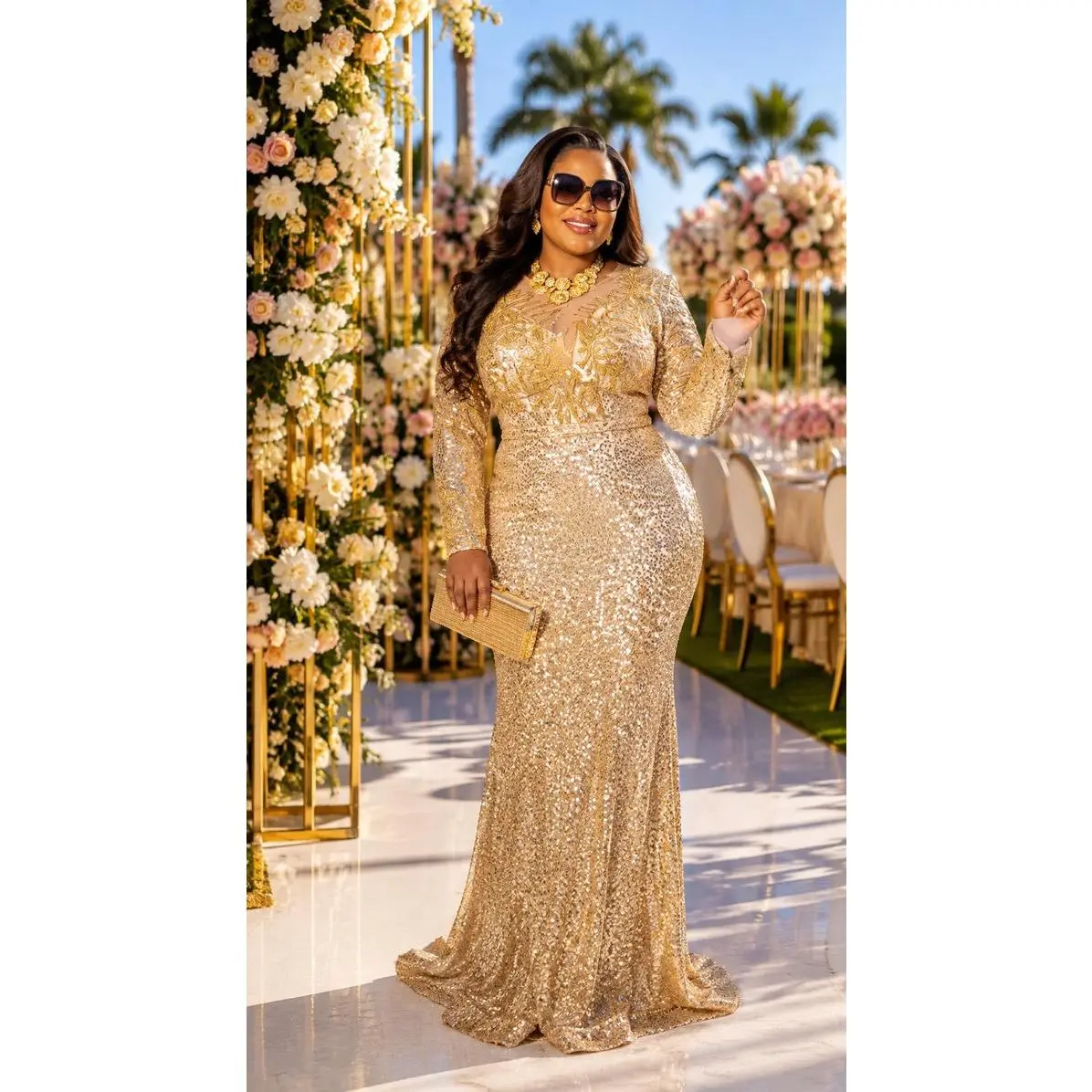 Sparkly Gold Sequin Mermaid Dress for Mother of The Groom Wedding Guest Cocktail Reception Birthday Dinner Formal Evening Gown