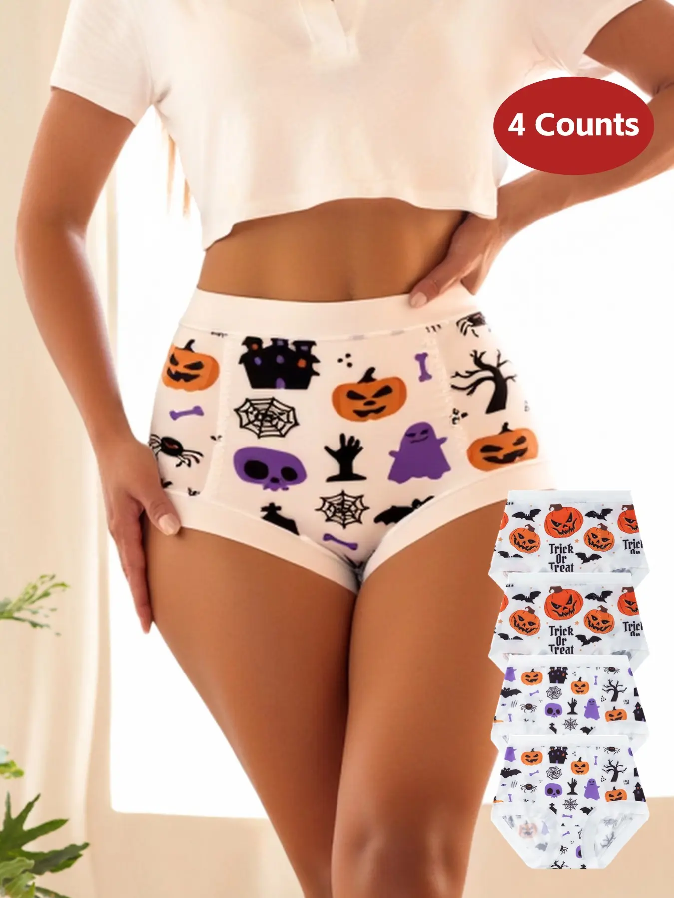 Halloween Pumpkin Print Women's Thong Panties, Funny Ghost Pattern, Fashionable Seamless High Waist Comfort Underwear Set