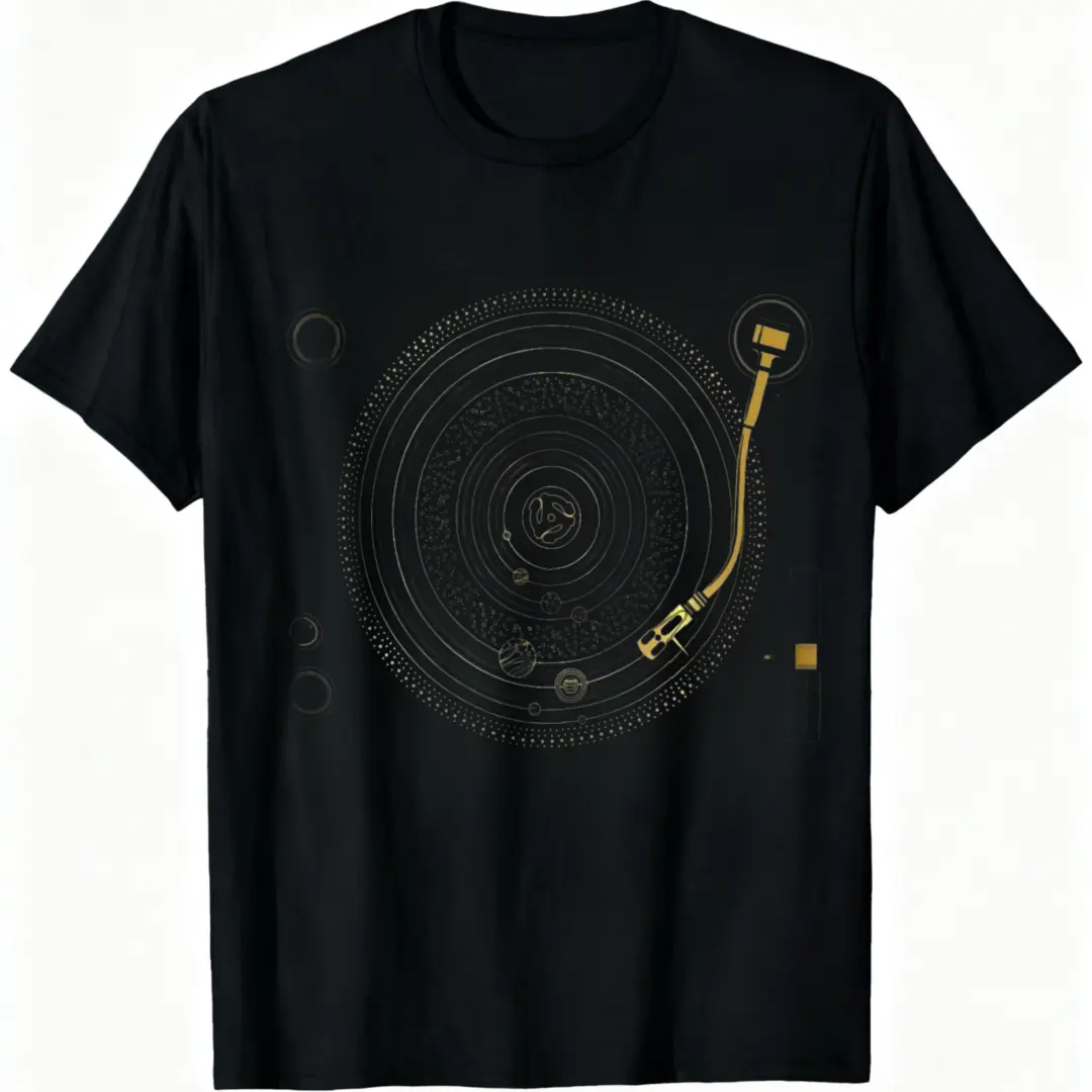 Vinyl Record Style T-Shirt With Turntable Design Black Cotton Unisex Casual Wear For Music Lovers And Dj Enthusiasts
