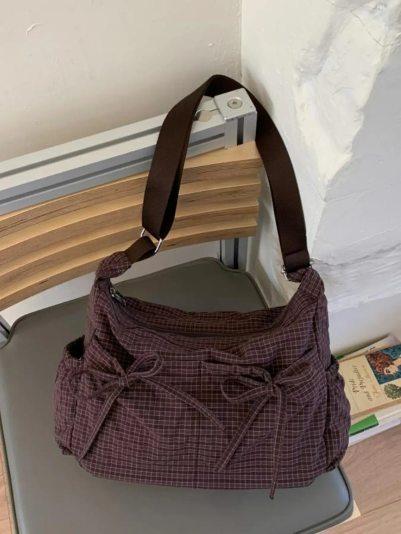 Valentine's Day Gift, Holiday Gift, Comfortable Plaid Bow Wanderer Bag, Women's Soft Texture Shoulder Bag, Casual Style, All Seasons, Casual Messenger Bag, Color Blocked Bag, Versatile Shoulder Bags, Colorblock Bag, Colorblock Pattern Bag