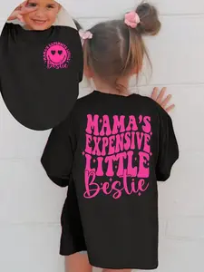 Mama's Expensive Little Bestie" Toddler T-Shirt | Pink Smiley Face Kids Tee | Cute Mother-Daughter Back Print Outfit
