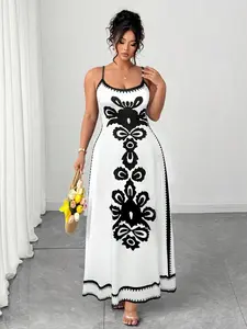 【Plus-size】Women’s Black-and-White Print Sleeveless Spaghetti-Strap Maxi Dress, Dummer Bohemian-Dtyle Fashion—Elegant, Comfortable, and Casual; Suitable for Dates, Parties, and Everyday Wear